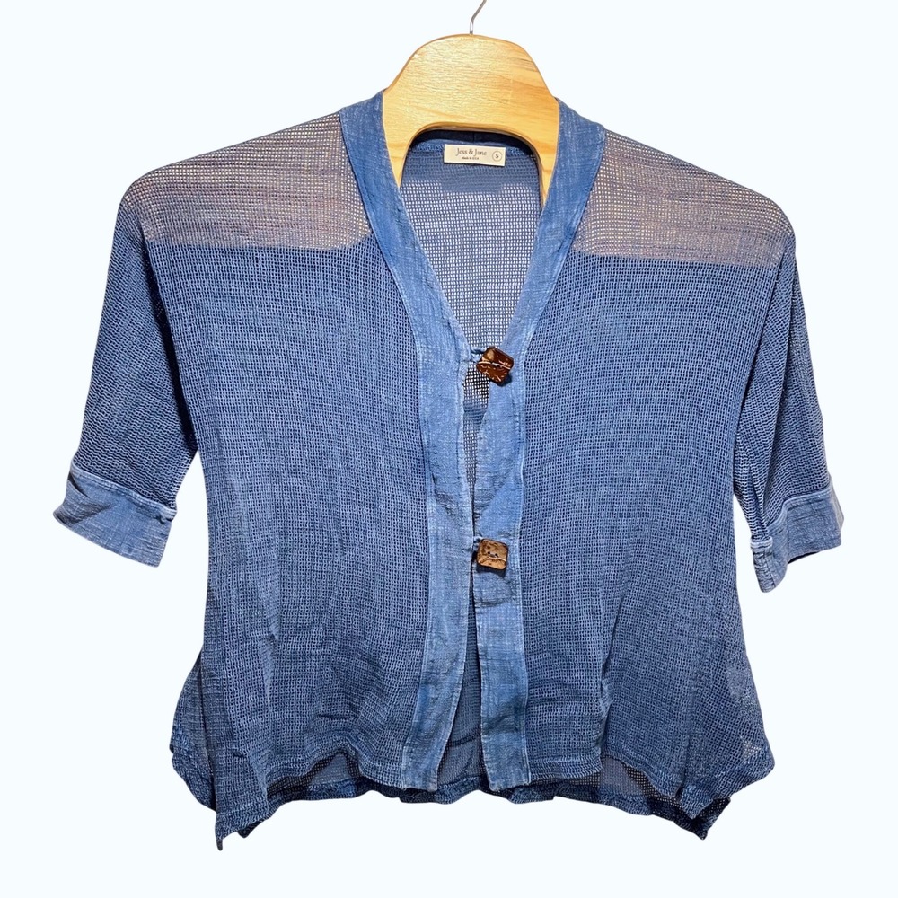Jess & Jane Indigo Blue Cotton Mesh Knit 2 Button Cardigan Top Womens Size Small